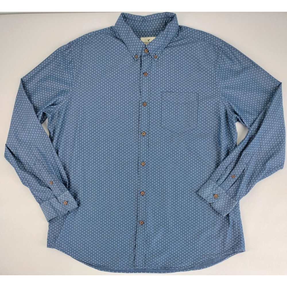 American Eagle Men's Shirt Long Sleeve Button Front Blue White Check Size XXL